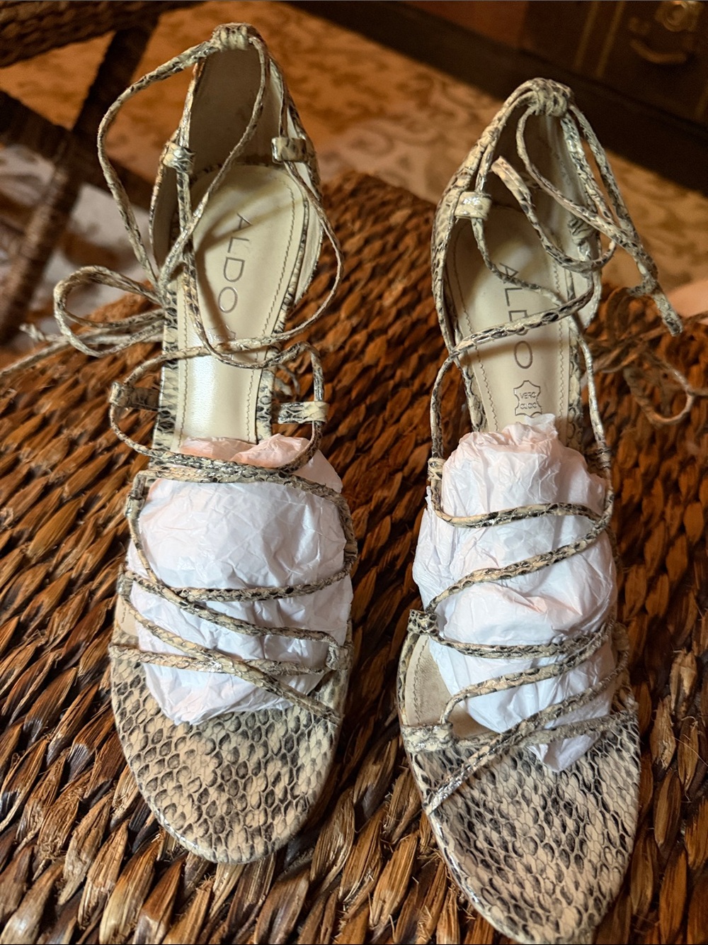 ALDO Snake-Print Lace-Up Heeled Sandals in Beige